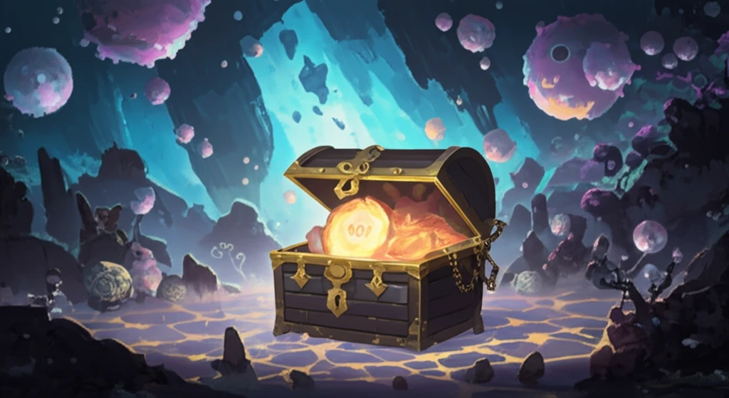 Digital illustration of blockchain landscape with MEV treasure chest and knapsack.