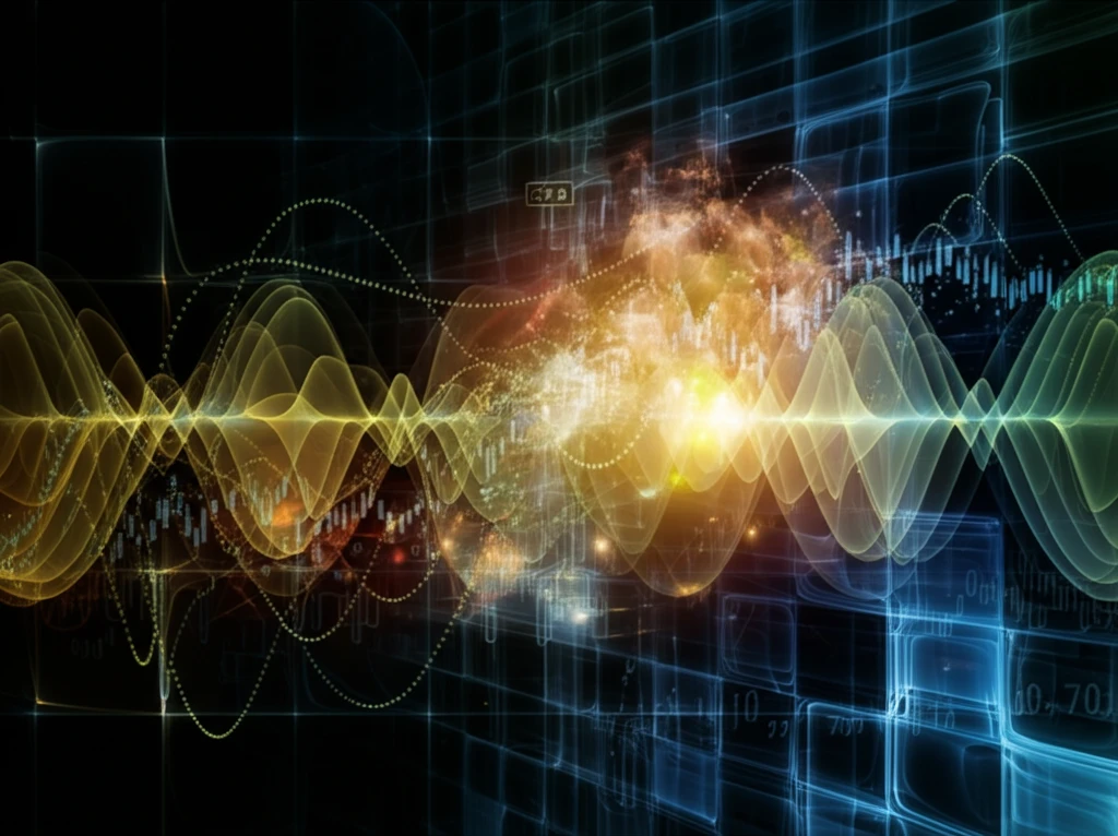 Abstract digital illustration of quantum finance with intertwining stock market charts and quantum particles.