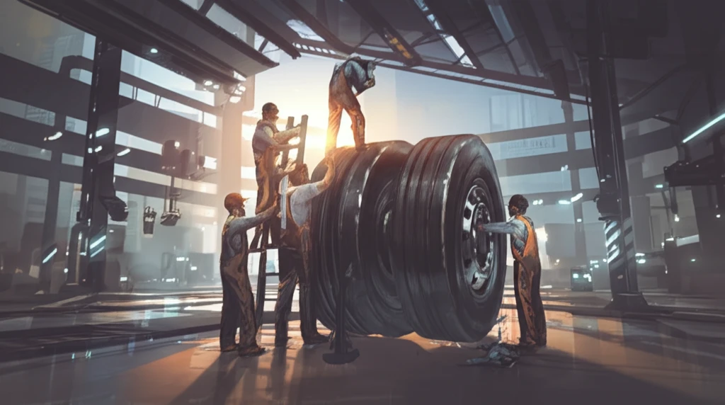 Diverse team collaboratively repairing a giant semi-truck wheel.
