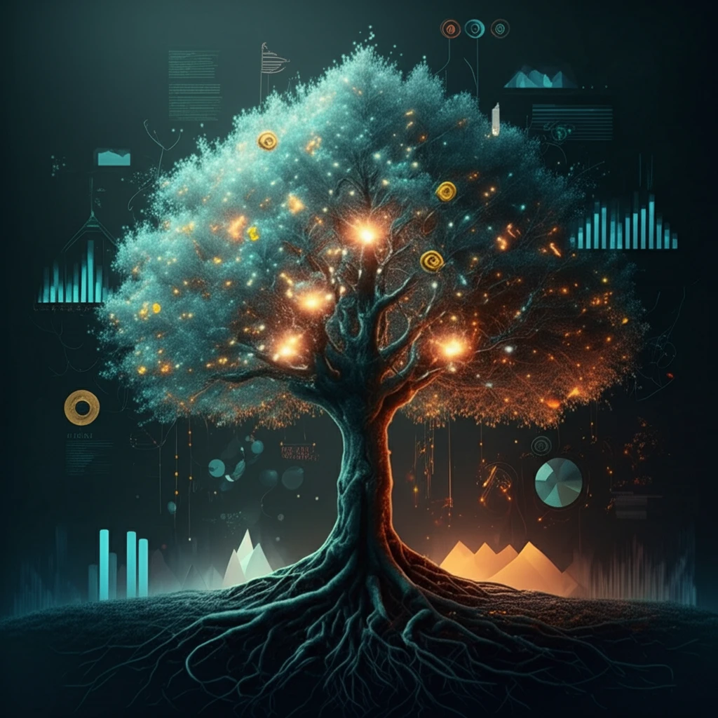 Glowing decision tree analyzing stock market data.