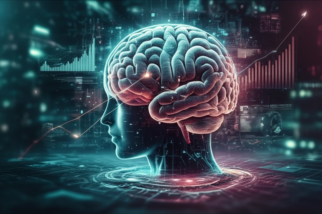 AI brain predicting future financial trends from news headlines.