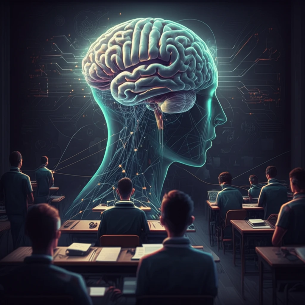 AI-enhanced classroom with students connected by glowing lines.