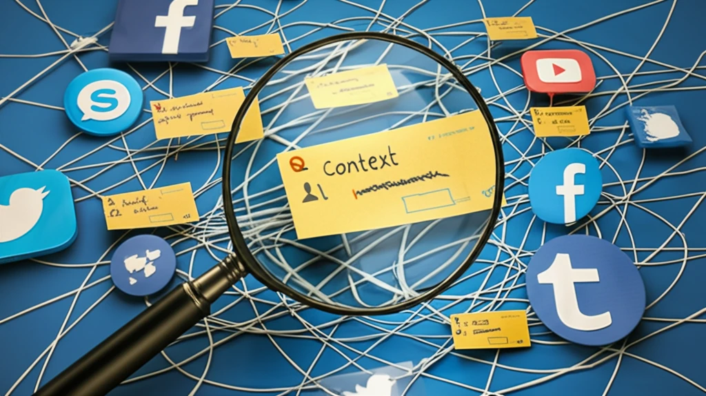 Social media icons entangled in threads with community notes providing context.