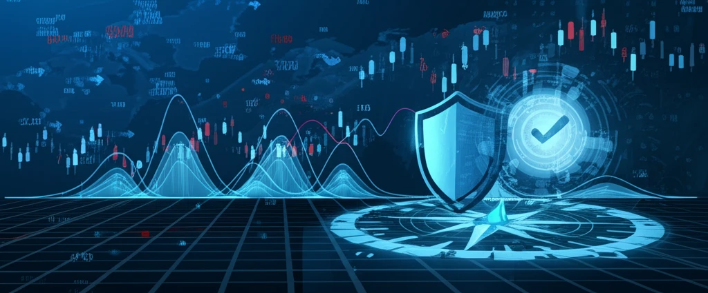 Financial market landscape with shifting probabilities, compass, and shield representing distributionally robust stochastic control.