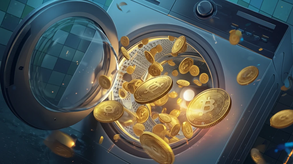 Surreal image of crypto coins in a washing machine, representing wash trading in the crypto market.