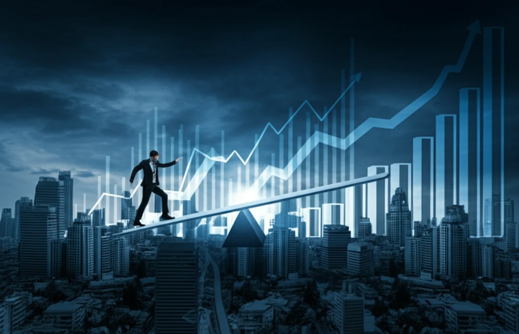 Financial cityscape with interest rate seesaw