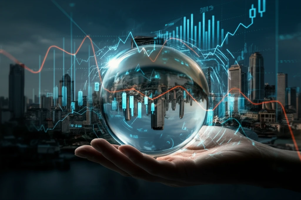 Crystal ball showing a future city skyline with financial charts overlaid, symbolizing AI forecasting.