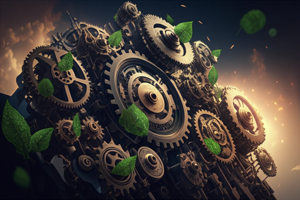 Interconnected gears with green leaves and ethical symbols representing ethical and sustainable innovation.