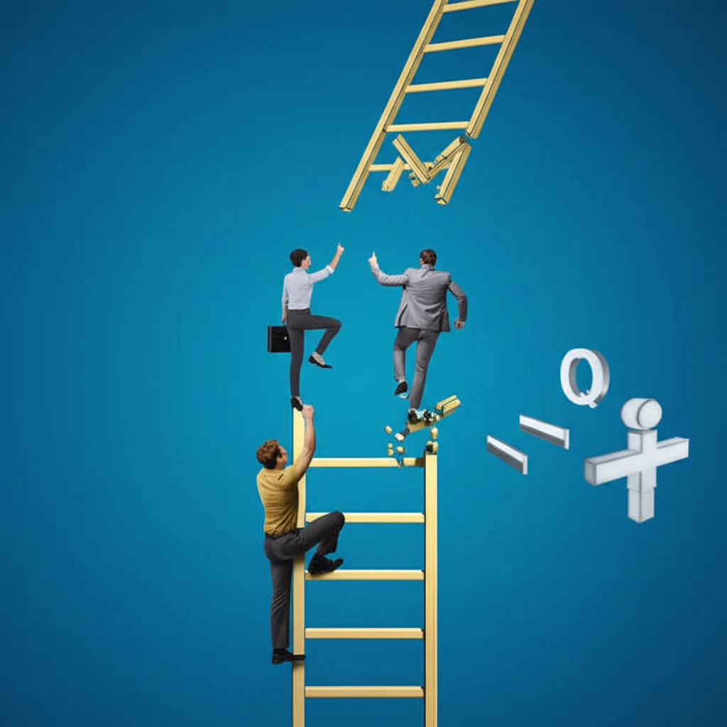 A broken rung in the corporate ladder symbolizes barriers to women's leadership.