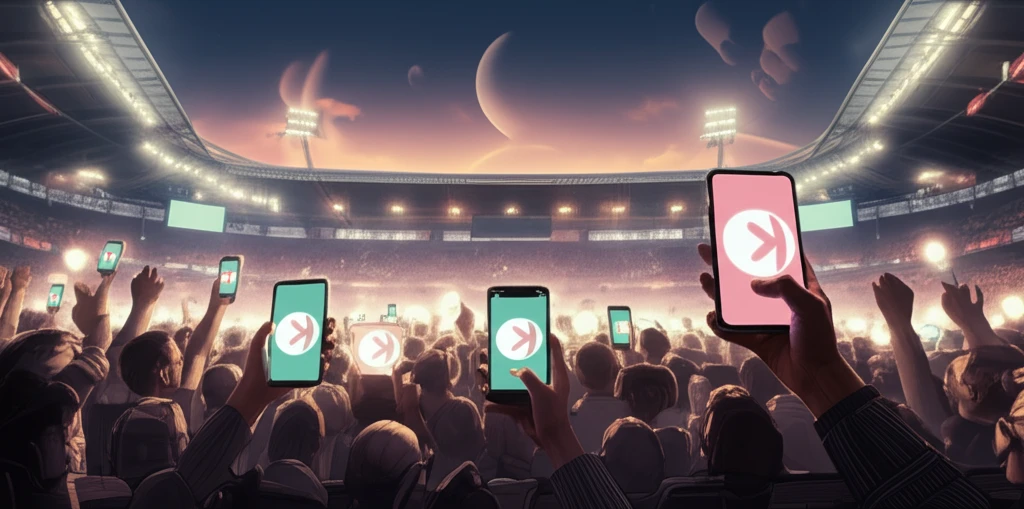 A stadium filled with fans holding up glowing smartphones displaying fan tokens.