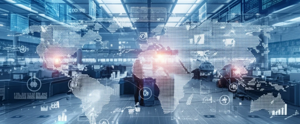 Futuristic stock trading floor with AI-driven systems