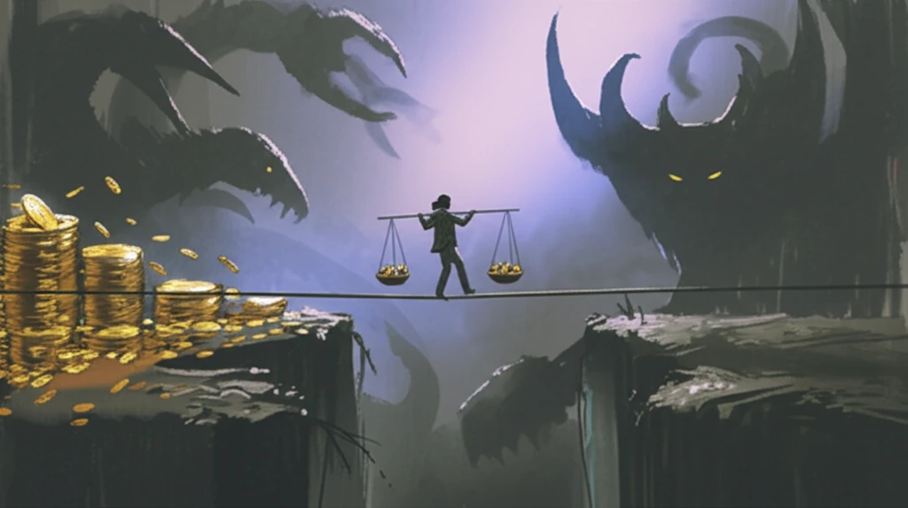 Balancing risk and reward: A surreal illustration of financial decision-making under loss aversion.