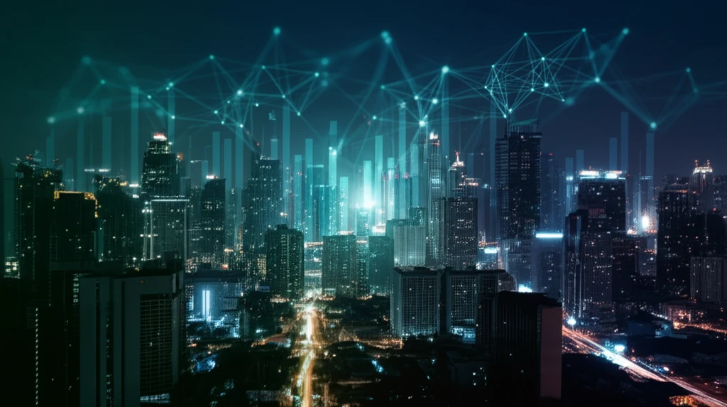 AI neural network over cityscape representing AI in finance.