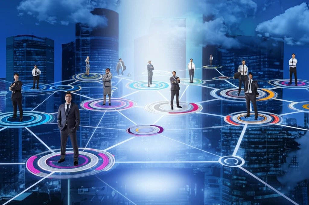 A diverse group of business leaders on an interconnected network, symbolizing corporate diversity and influence.