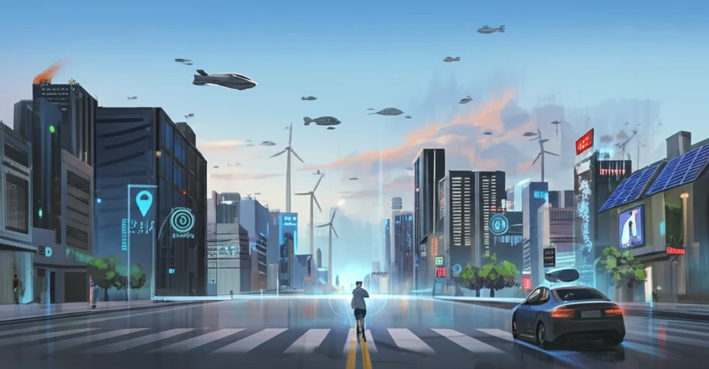 Futuristic cityscape with electric vehicles powered by renewable energy.