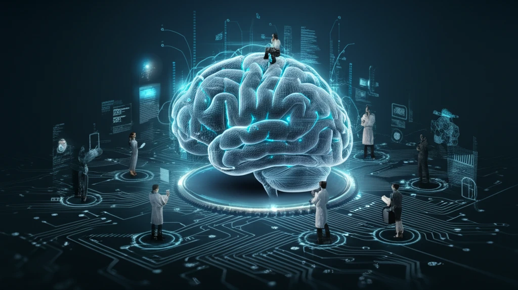 AI brain collaborating with miniature social scientists.
