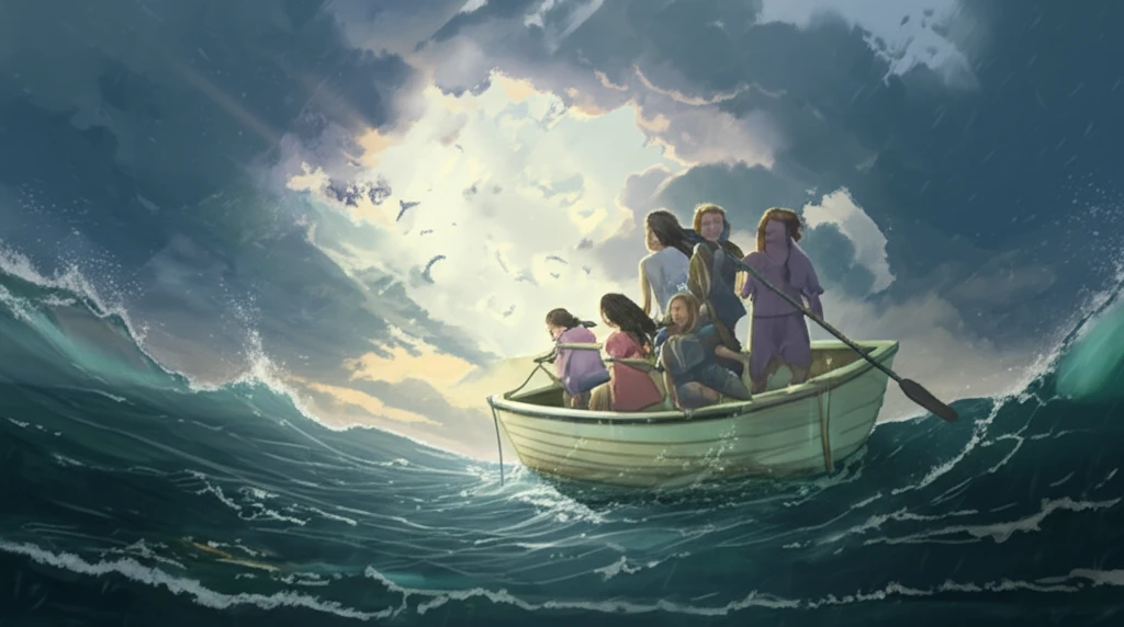 Family navigating a stormy sea, symbolizing financial resilience.