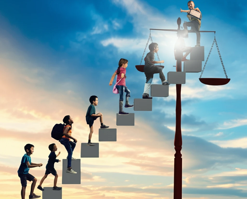Symbolic image of diverse children climbing steps to a brighter future, representing educational equality.