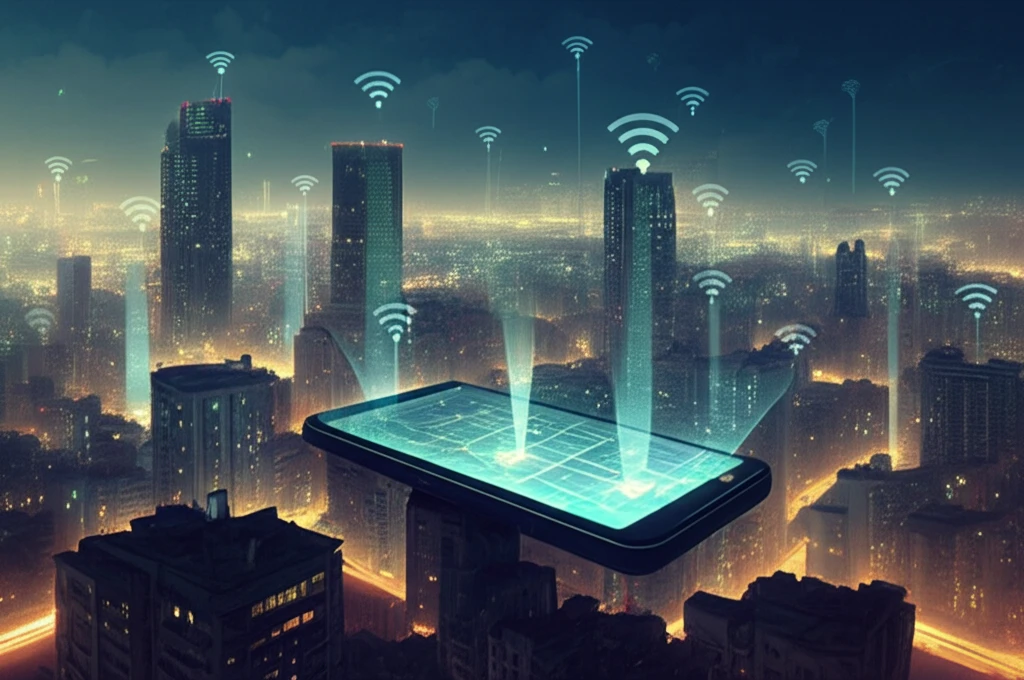 GPS data illuminating a futuristic cityscape, symbolizing smart urban planning.