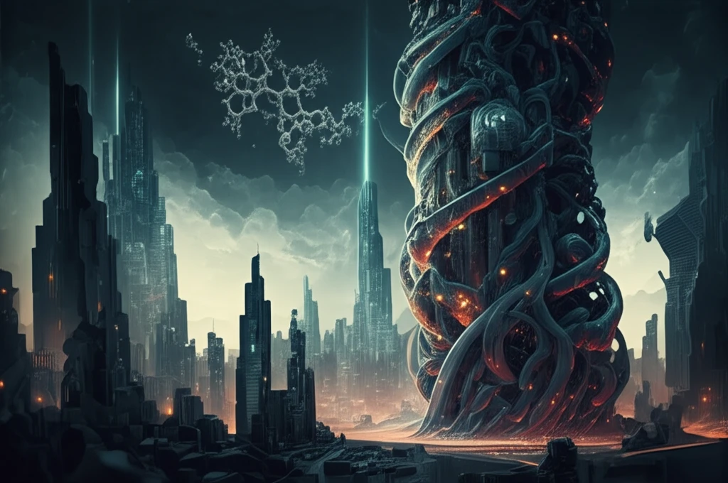 Abstract cityscape of intertwined molecular structures symbolizing pharmaceutical innovation.