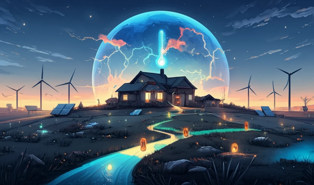 Smart homes and renewable energy sources adjusting energy usage to combat climate change.