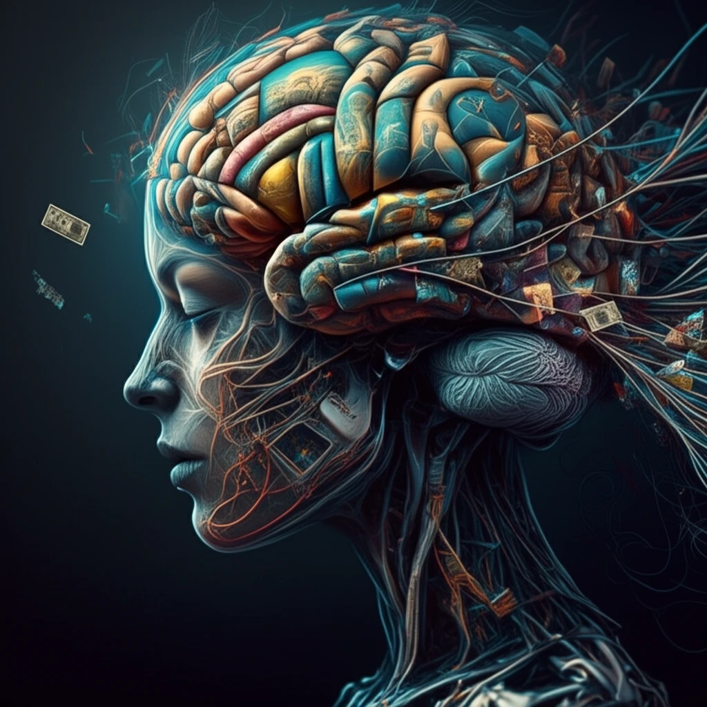 AI brain composed of artworks distributing royalties.