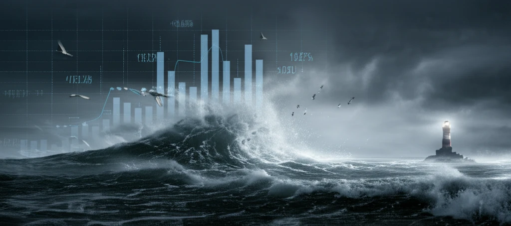 Financial market volatility visualized as a stormy sea, with a lighthouse representing stability.