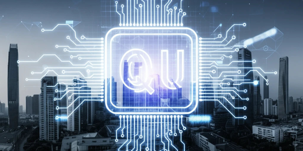 Quantum circuit board over a cityscape