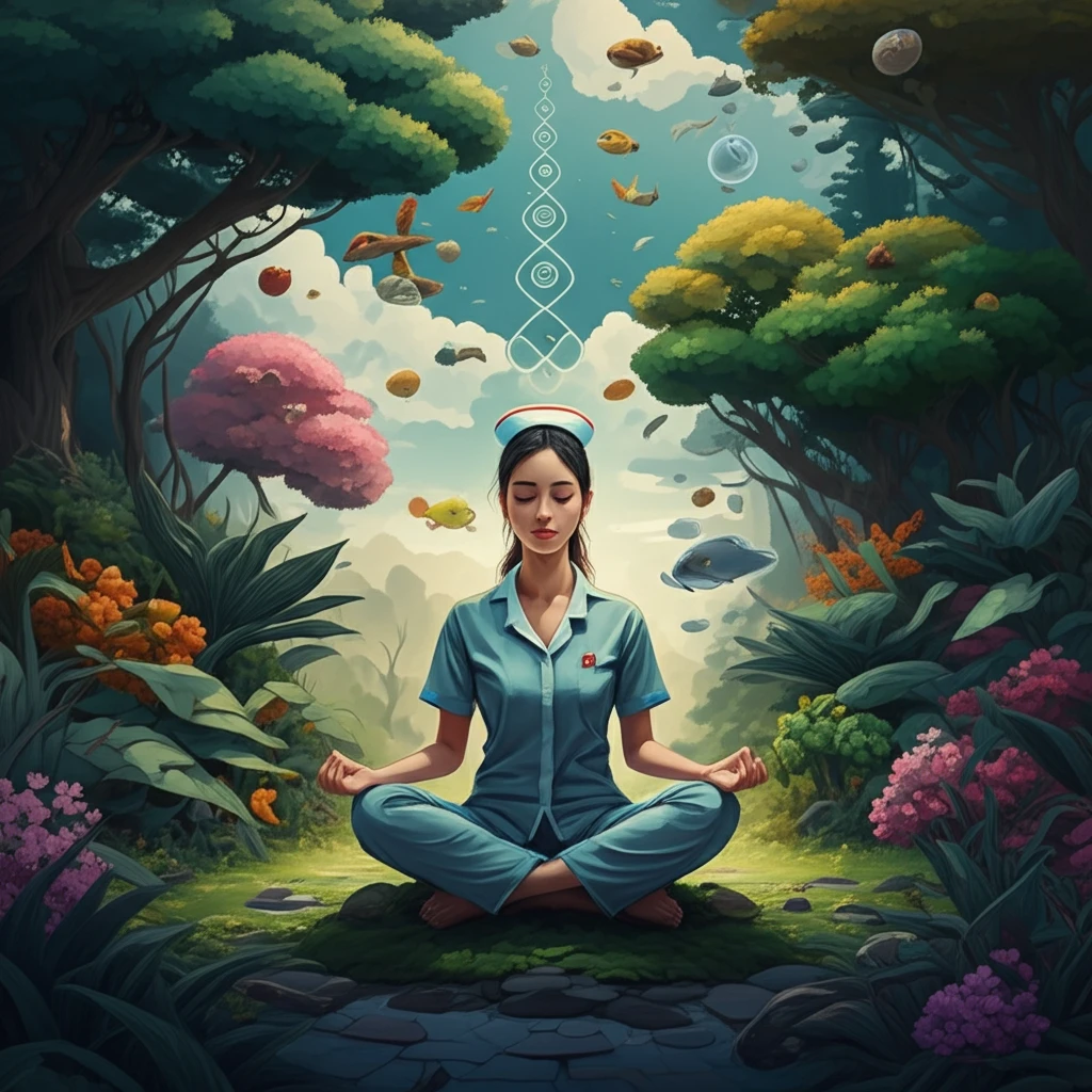 Nurse meditating in a peaceful garden, promoting self-care and well-being.