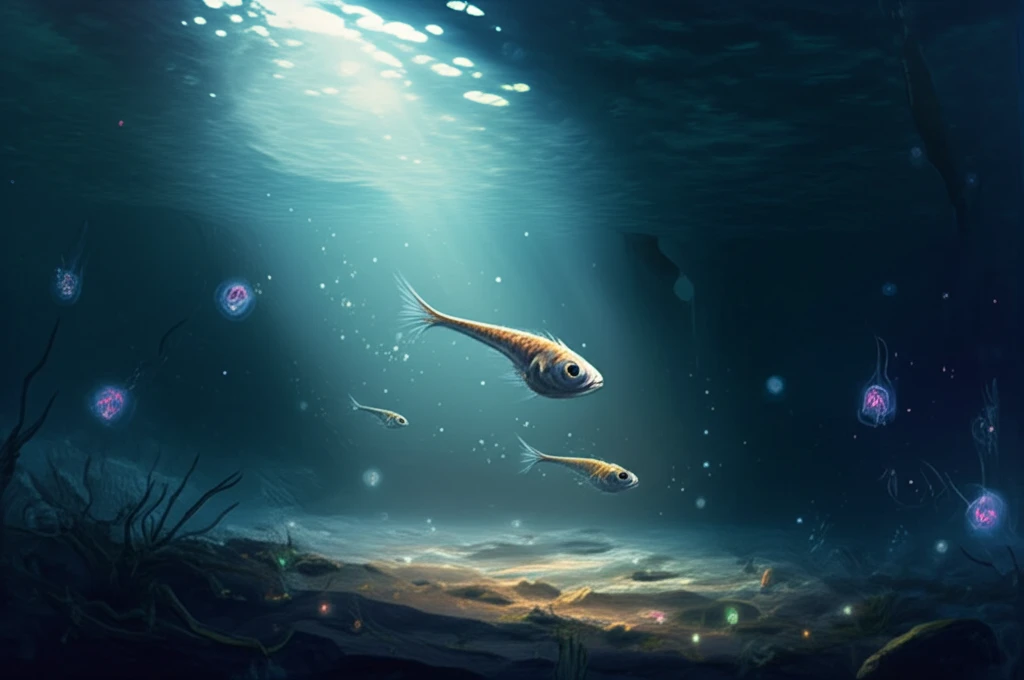 Fish larvae swimming in a lake during the light-dark cycle.