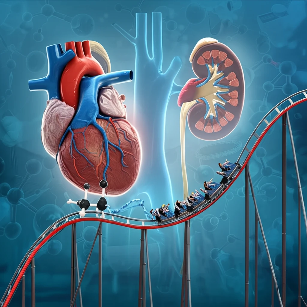 A rollercoaster made of glucose molecules travels up and down representing glycemic fluctuation, endangering a child's heart and kidneys.