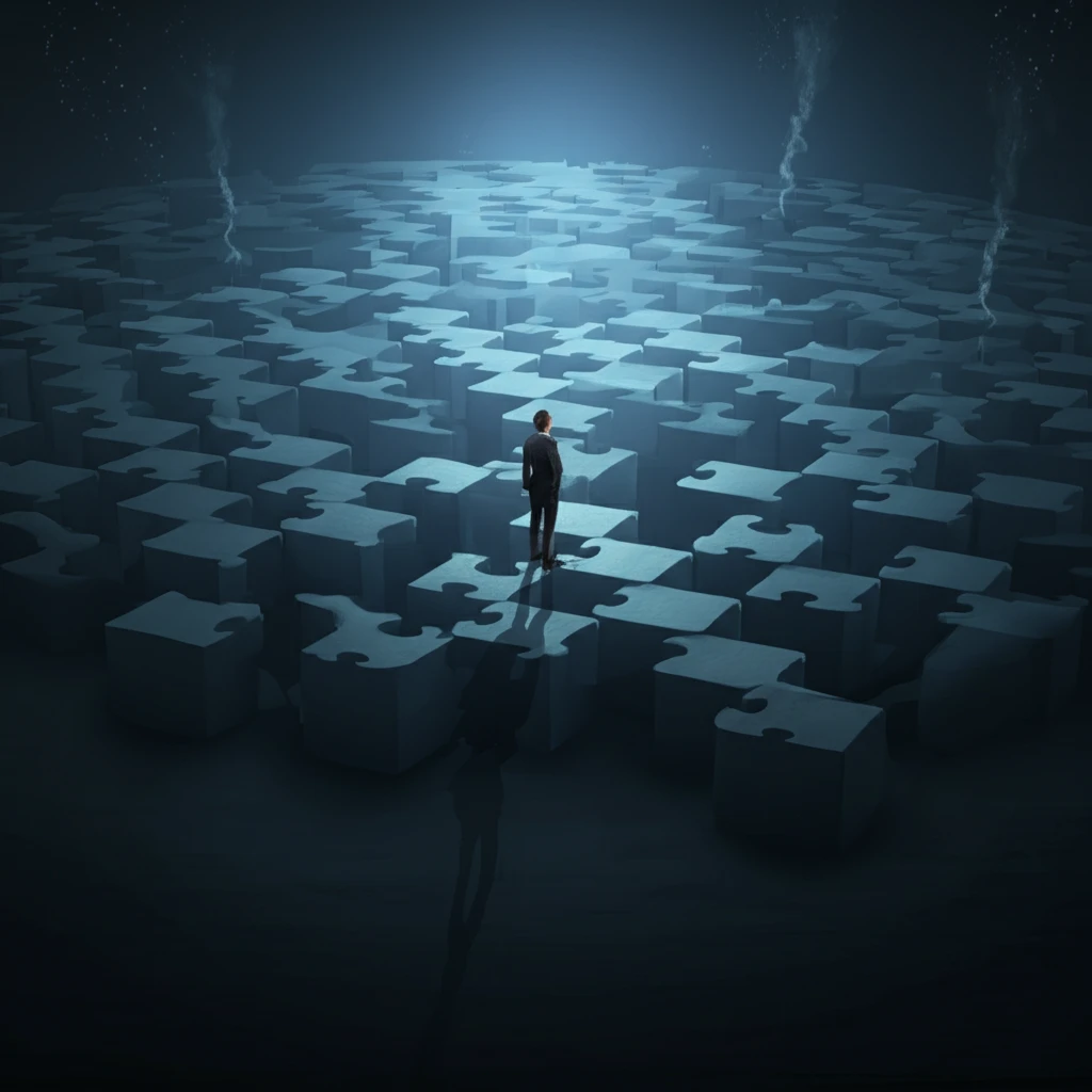 Business executive navigating a jigsaw puzzle maze, representing the complexities of firm growth.