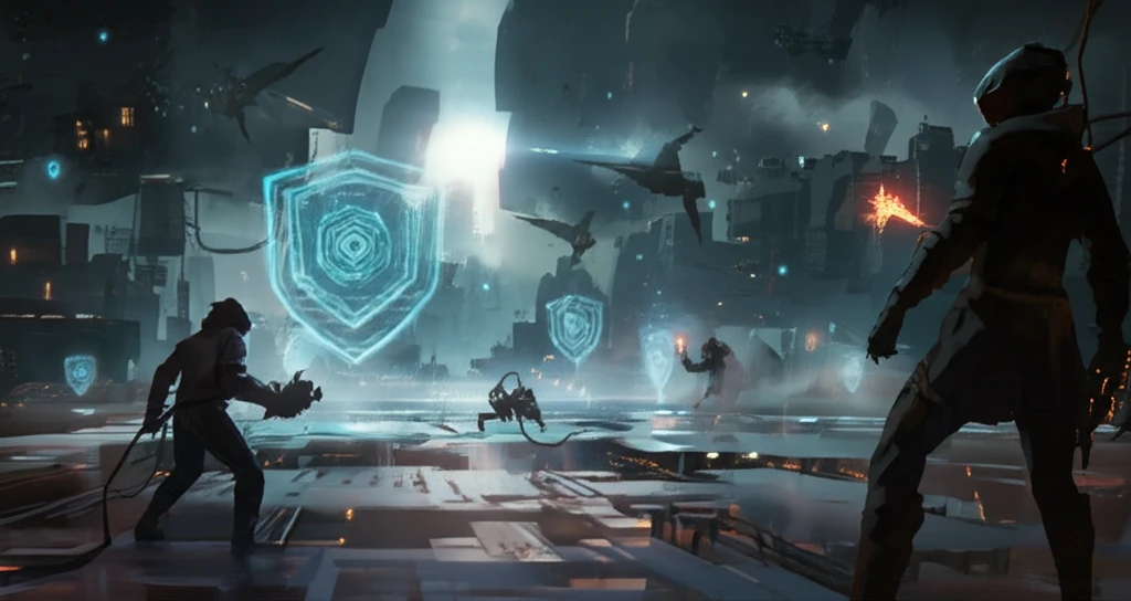 Futuristic DeFi landscape with AMM pools protected from MEV attacks.