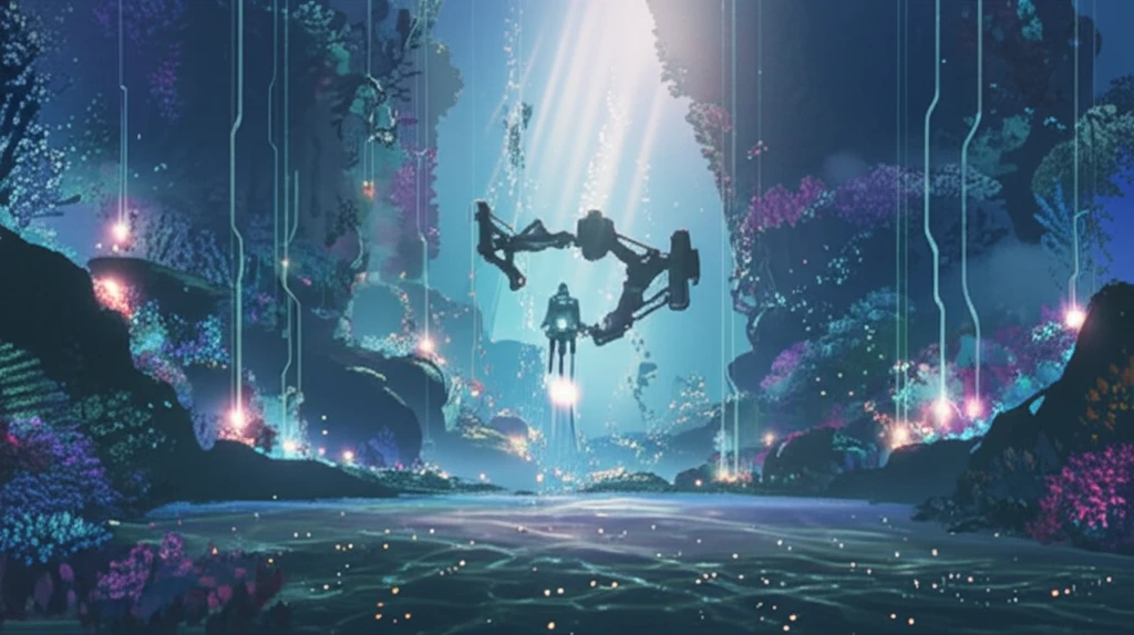 Futuristic underwater mineral farm with hydrothermal vents and robotic harvesters.