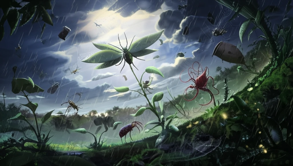 Surreal illustration of interconnected life forms under changing weather conditions, symbolizing ecological disruption.