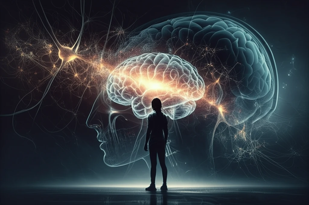 A young woman faces a backdrop of neural networks, symbolizing her battle against a rare brain tumor.