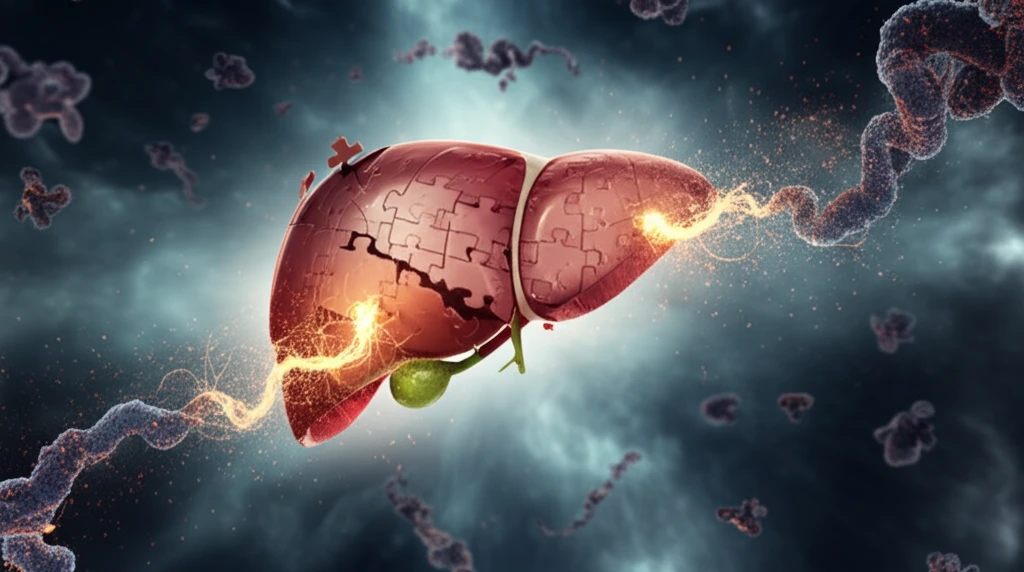 Surreal illustration of a liver with puzzle pieces and IL-17F protein strands.