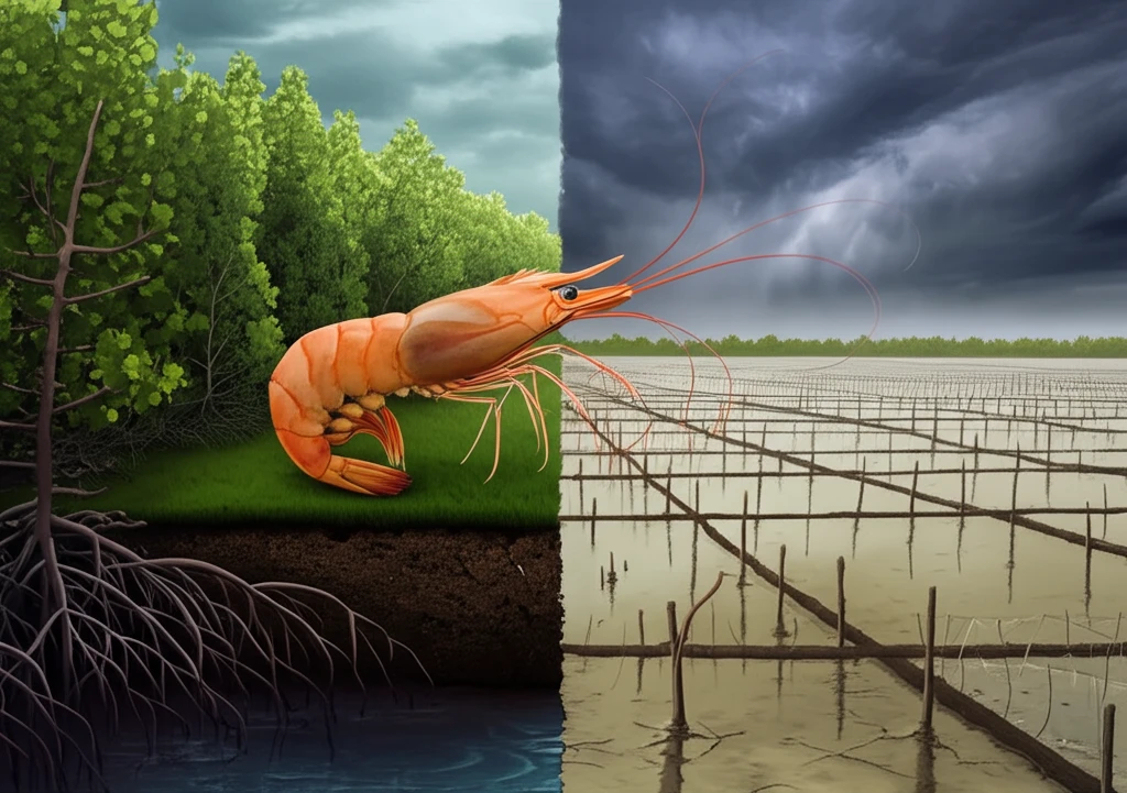 Shrimp farm encroaching mangrove forest - sustainability concept