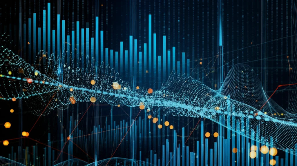 Quantum Finance: Financial charts merging with quantum particles, symbolizing the fusion of finance and quantum physics