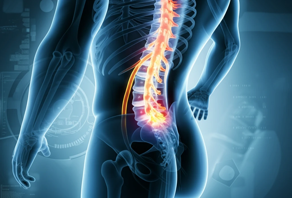 Spine with glowing nerve pathways, table tilt, pain relief concept