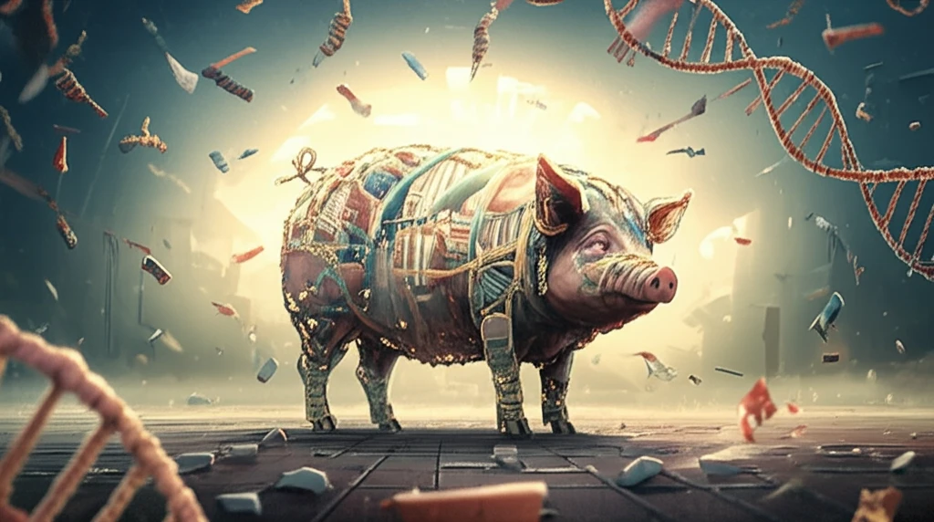 DNA strands forming a pig, symbolizing genetics and meat production.