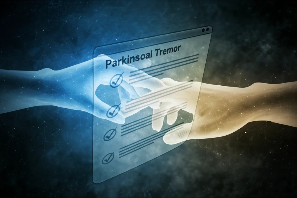 Two hands, one blue and one yellow, intertwined with a questionnaire overlay, symbolizing the differentiation between Parkinson's and essential tremor.