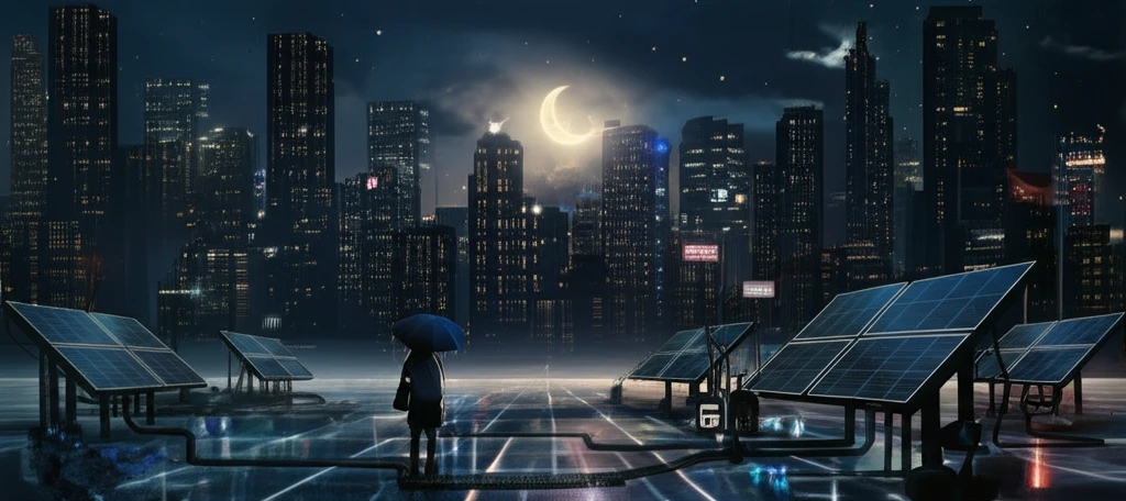 Futuristic cityscape powered by local energy grids.