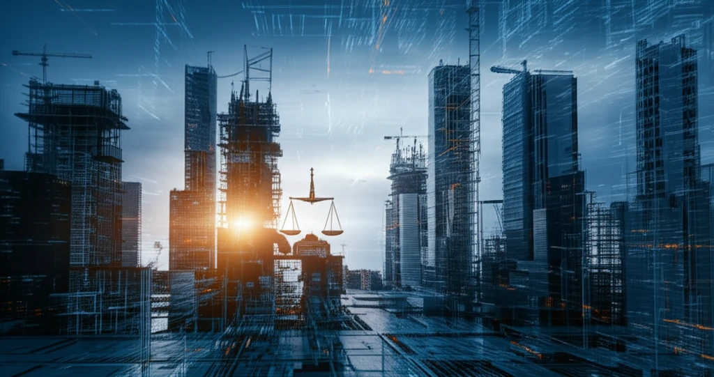 Algorithmic cityscape with scales of justice symbolizing fairness and tech