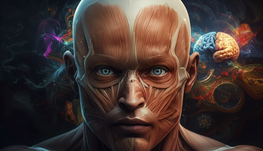 Surreal illustration of facial muscle movements reflecting emotional states.