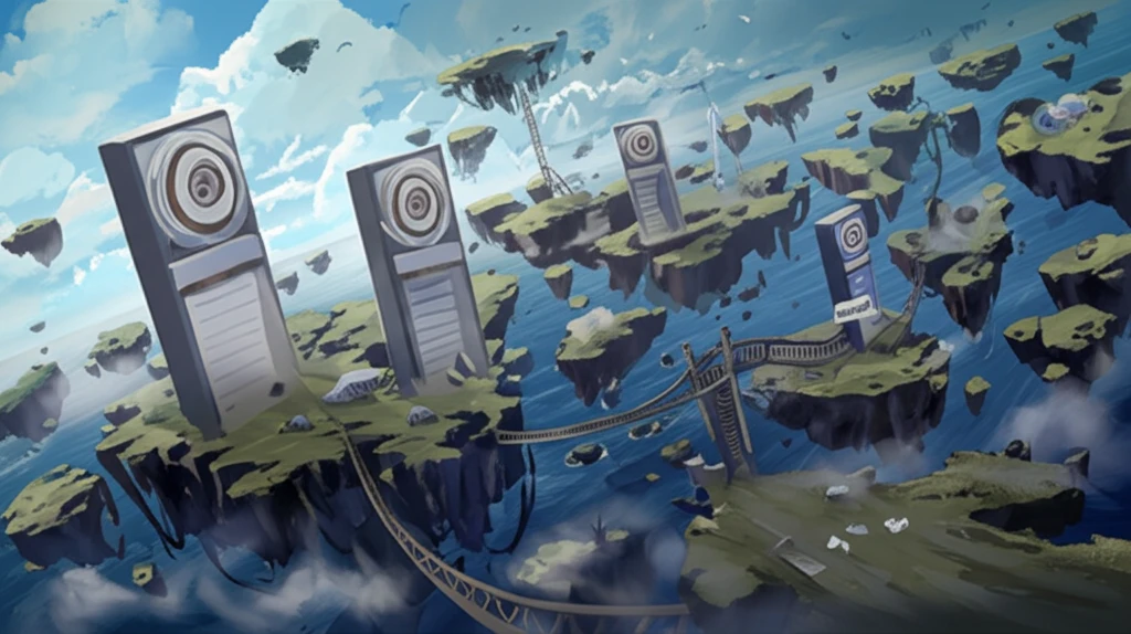 Surreal illustration of isolated online communities connected by fragmented bridges.