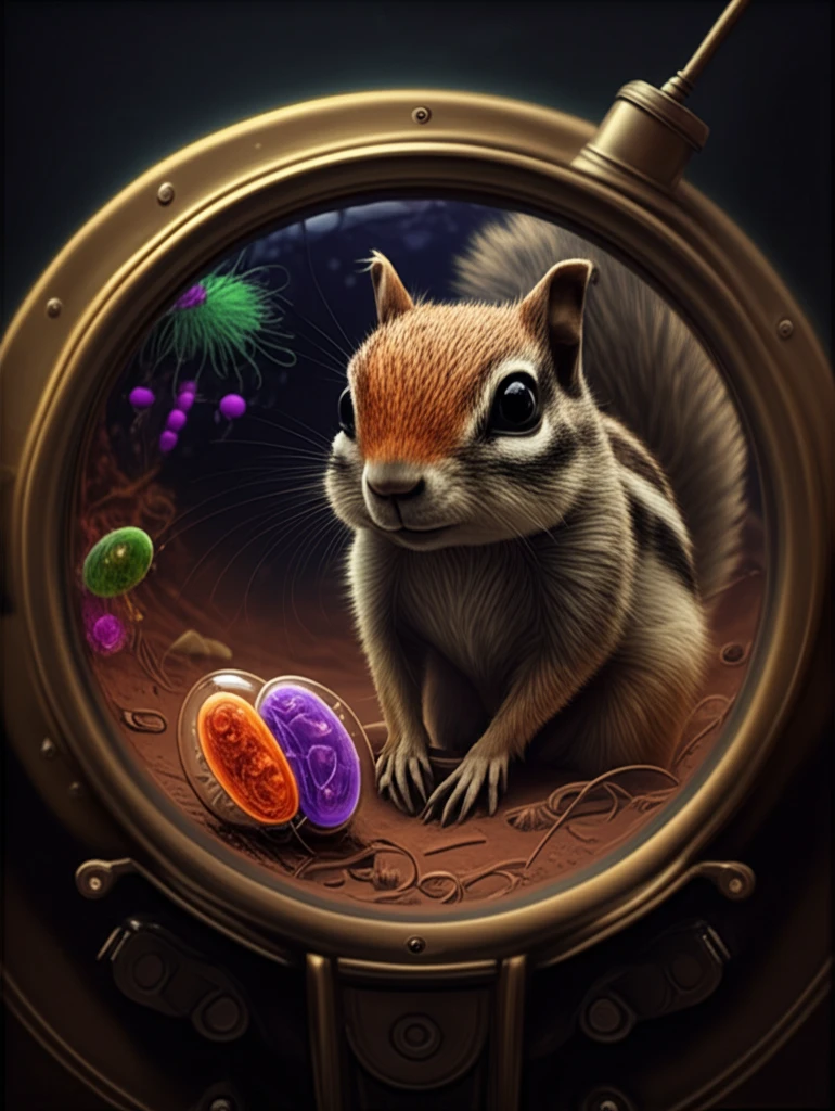 Illustration of a Harris's antelope squirrel looking through a microscope revealing a world of parasites.
