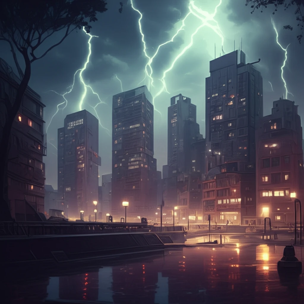 Cityscape symbolizing economic resilience bending in storm.