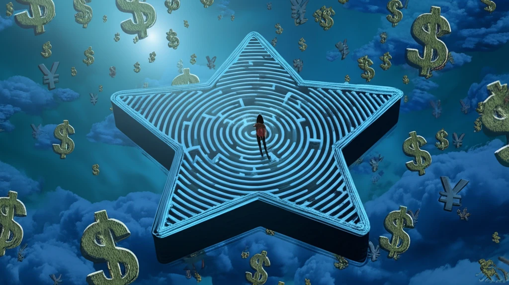 A surreal illustration of a star-shaped maze filled with financial symbols, representing the complexities of financial performance measurement.