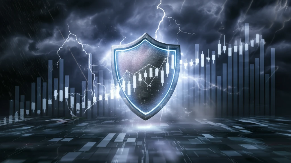 A shield protecting a stock market graph, symbolizing numeraire-invariant quadratic hedging.